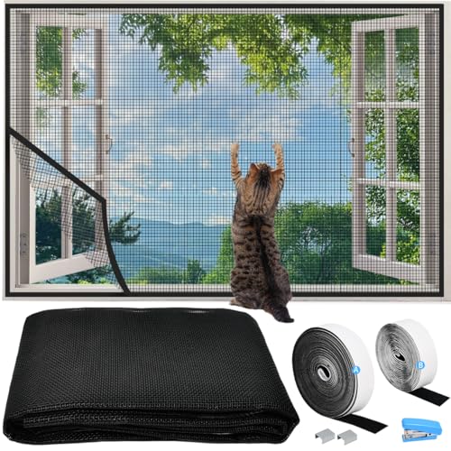 BUZIFU Fiberglas Fliegengitter Fenster 100x130cm, Einstellbare Katzenschutz Fenster Netz Mit Selbstklebeband Insektenschutz Fenster Katzennetz Balkon...