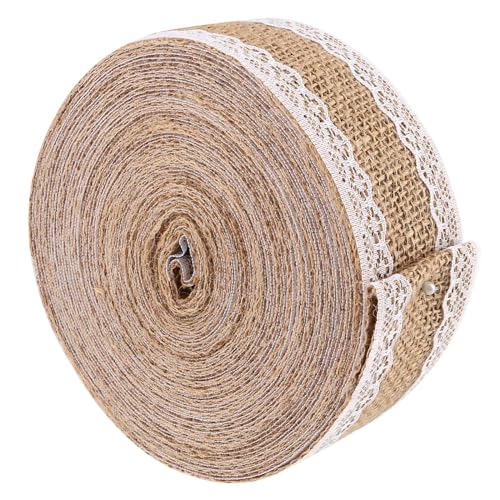 PUCSIQ Cinta de yute de 5 cm x 10 m con encaje, cinta de yute natural, vintage, cinta de yute con encaje, cinta de encaje vintage, para bodas, Navidad, manualidades, regalos, decoración de regalo