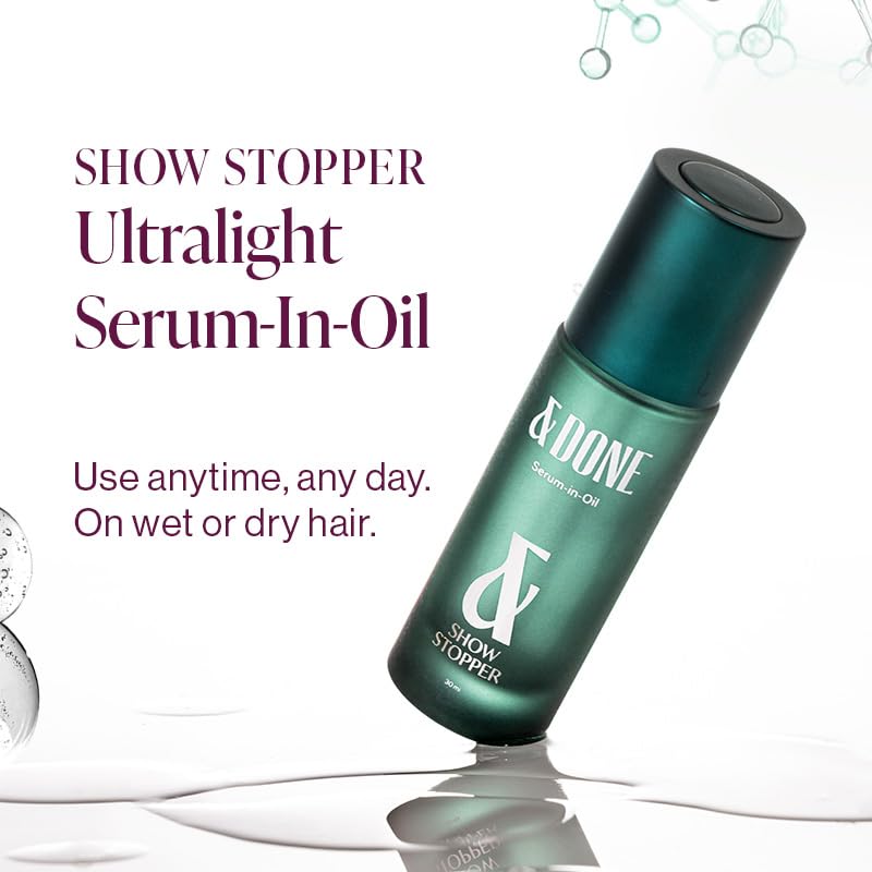 Image of &Done Showstopper Ultralight Serum-in-Oil For Wet & Dry Hair | Argan Oil & Baobab Oil Infused | Frizz Reduction & Styling Serum Suitable For All Hair | Reduces Frizz, Adds Shine & Smooths Hair- 30 ml
