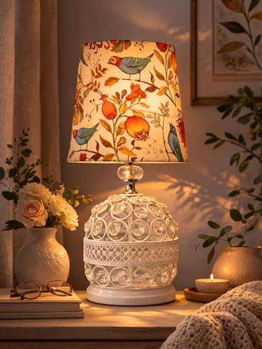 Image of Modern Small Crystal Table Lamp,Contemporary Bedroom Bedside Nightstand Lamp,Morden Minimalist, Desk Globe Lamp for Living Room Girls Kids Room, White Fabric Shade (Multicolor)