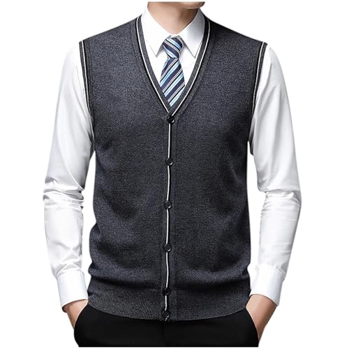 Mens Vest Sweater Fashion Contrast Color Button V-Neck Sleeveless Suit Cardigan All-Match Basic Knitwear Tank Tops