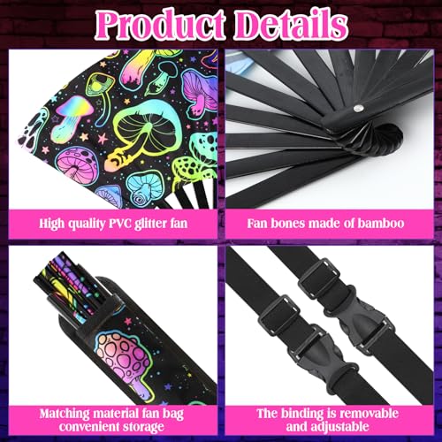 Image of FairySandy Large Rave Fan UV Glow Clack Summer Hand Fan with Thigh Holster for Women Carnival Party Supplies for Carnival Edm Music Festival Club Accessories(Reflective Mushroom,Bright Color)