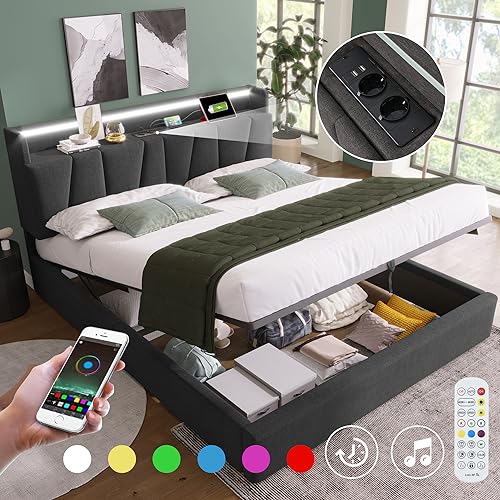 VSOGA Polster-Doppelbett 140x200 cm mit USB Ladefunktion, LED und Stauraum, Leinenmaterial, Bettgestell mit Lattenrost, Grau, Inklusive Matratze – Bild 5