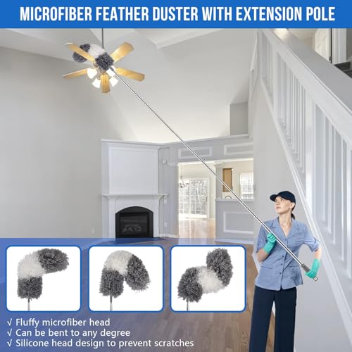 Image of UIMO Microfiber Feather Duster 5-in-1 Kit for Dusting and Cleaning - 30-100 inch Extension Pole, Anti-Slip Grip, Bendable Washable Heads for Ceiling Fan, Furniture, Car (Blue)