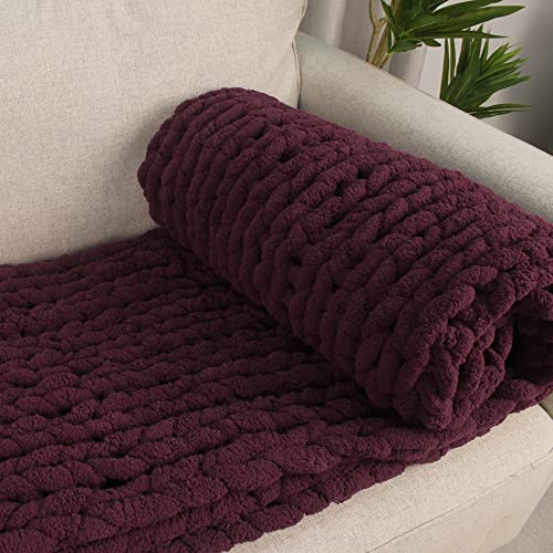 Carriediosa Chunky Knit Throw Blanket Chenille Loop Yarn Handmade Soft Fluffy Throws For Couch Sofa Bed Home Decor Breathable Cozy Heavy Thick Knitted Blanket Washable, 50" X 60" Burgundy Red #TOP4