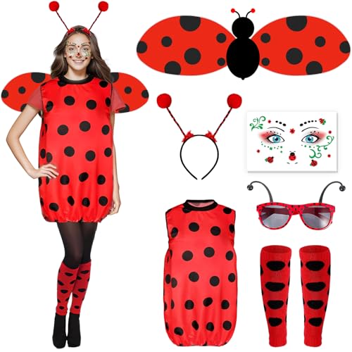 Singtis Marienkäfer Kostüm Damen Erwachsene Set, Ladybug kostüm, Marienkäfer Kostüm mit Flügeln, Brille, Tattoos, Beinärmel und Haarreif, Ladybug Party Outfit für Karneval Dress Up Party Cosplay (XL)