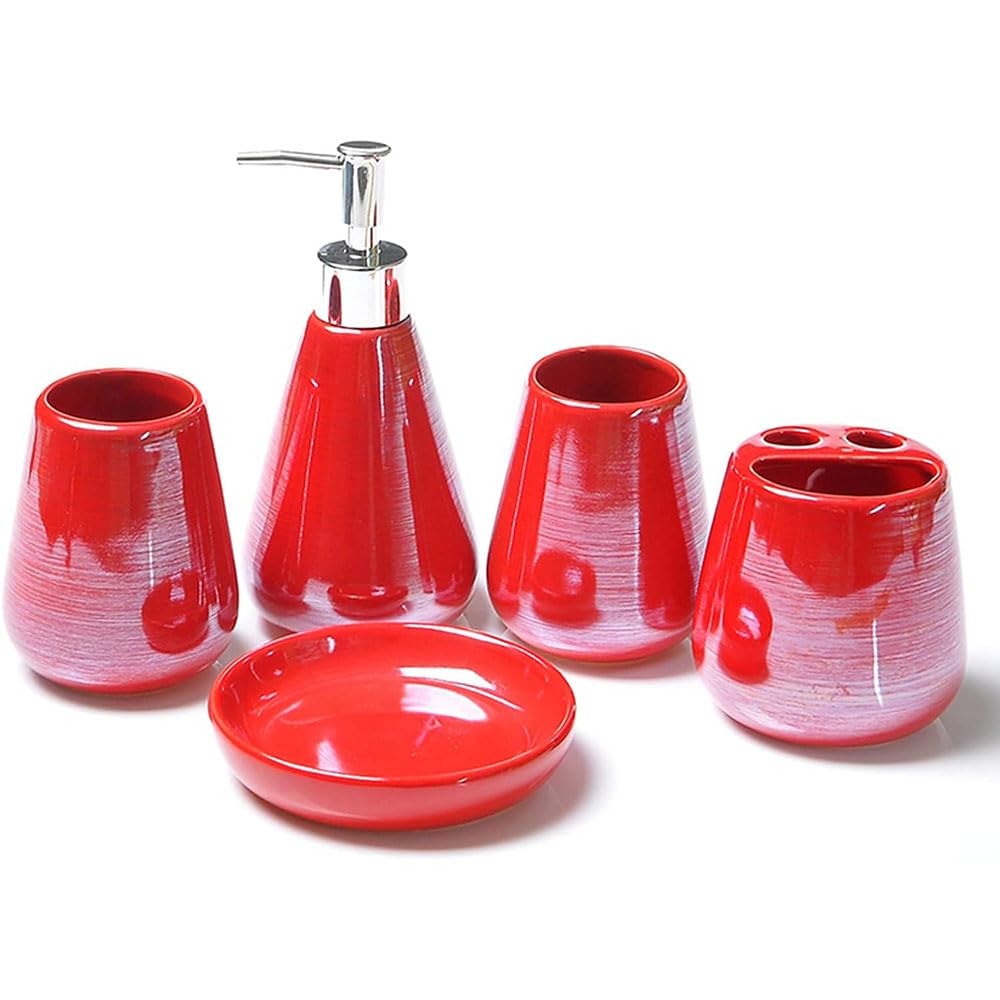 Czerwony ceramiczny zestaw akcesoriów łazienkowych z dozownikiem mydła kubek na szczoteczkę do zębów mydelniczka i uchwyt na szczoteczkę do zębów 5-częściowy zestaw