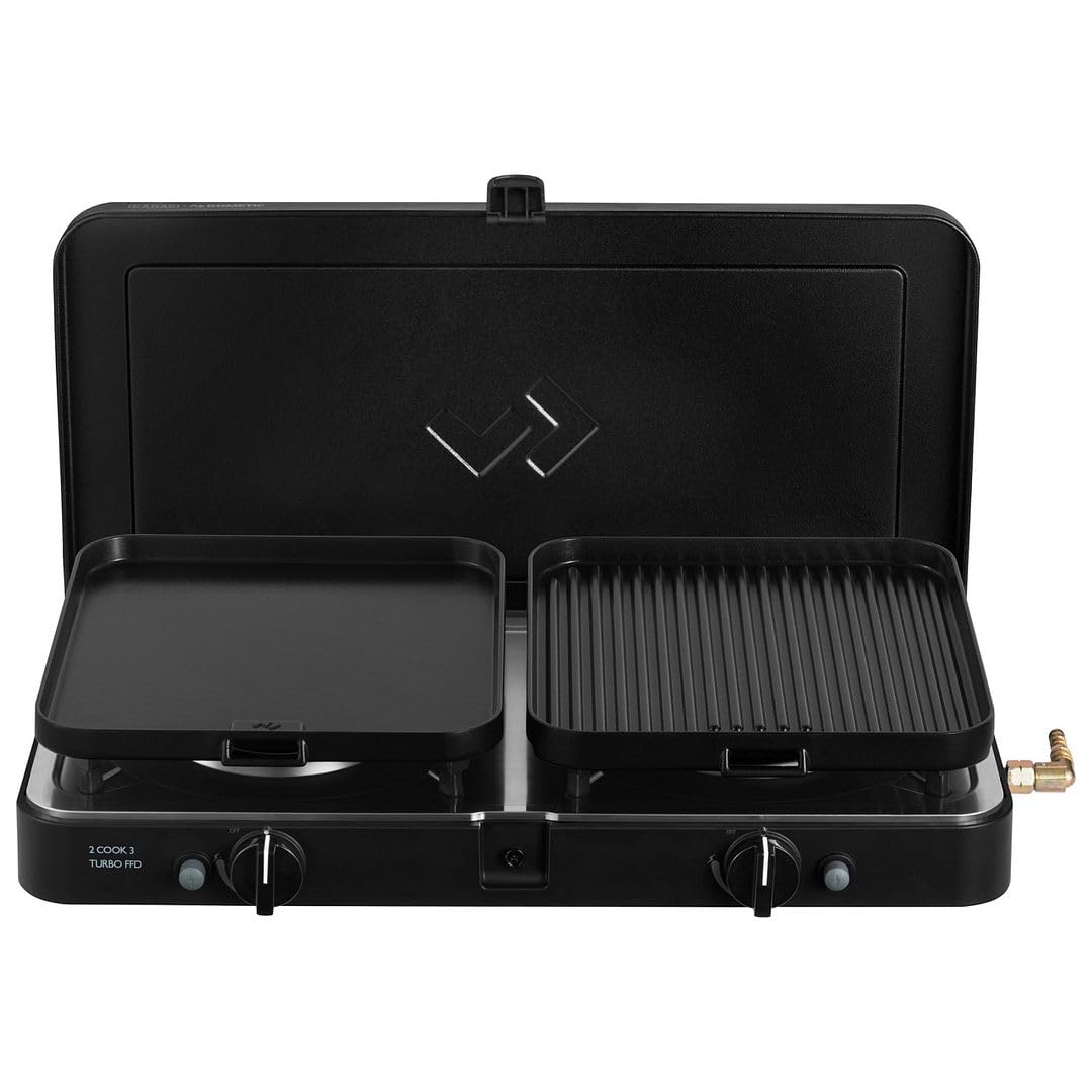 CADAC 2 Cook 3 Turbo Deluxe Grill da Tavolo Portatile - 30 mBar | BBQ Gas Esterno a 2 Fuochi, Accensione Piezo, Dispositivo Sicurezza Fiamma, Piastre di Cottura & Borsa