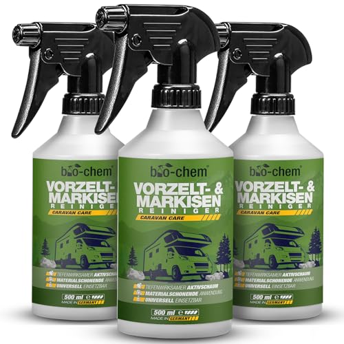 bio-chem Vorzelt- und Markisenreiniger - Ergiebiger Spezialreiniger mit Tiefenwirkung - Ideal für Markise, Vorzelt, Segel, Persenning, Pavillon, Sonnenschirm – 3x 500 ml - Made in DE