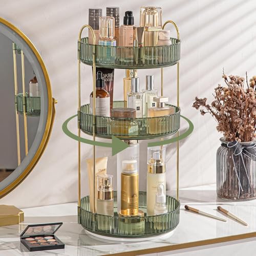 Image of Dravina 360 Rotating Makeup Organizer Rack| 3 Tier Standing Countertop Cosmetic Vanity Tray For Makeup, Skincare|Corner Rack For Bedroom,Bathroom (3 Layer- Green (Rack) + Gold Rods)