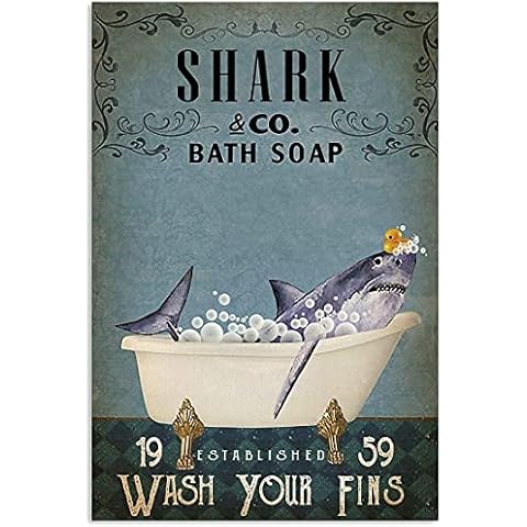 Cabenrm Bathroom Shark Retro Metal Tin Sign, Shark Bath Soap Bubble Poster Vintage Toilet Cave Bar Home Bathroom Wall Decoration Sign 12X17 Inches Cover