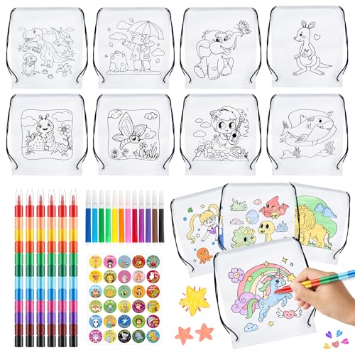 TOYTOPIE 12 Sacos para colorir com cordão para crianças com 6 cera de cores empilháveis para crianças, 12 marcadores e autocolantes, para presentes de aniversário crianças colégio sacos de tecido para