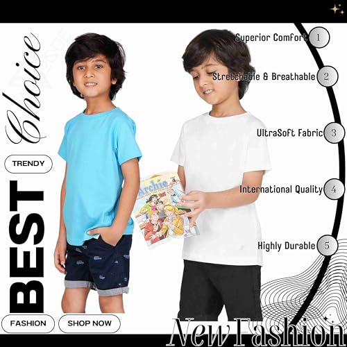 Image of Kids Round Neck T-Shirt Half Sleeves 100% Cotton Rich Soft Comfortable Fit Stylish Plain Color White+1 Combo Original Brand Tshirt for Boys