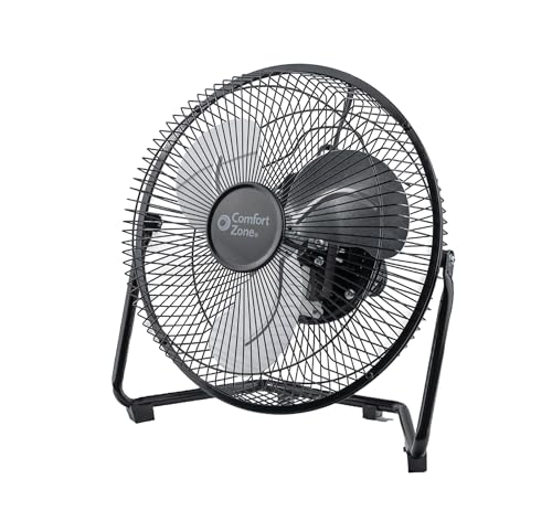 Comfort Zone 9' Desk Fan, 3-Speed Cradle Design with 180 Degree Tilt, All-Metal Construction, Aluminum Blades, Carry Handle & Rubber Feet, Black