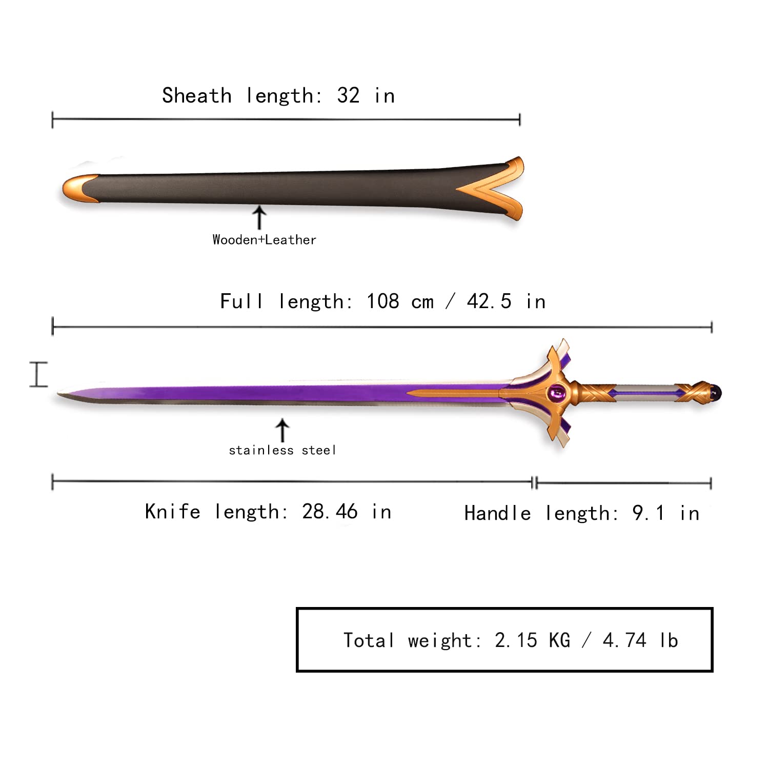 Sword fort Handmade Cosplay Japanese Anime Sword,Stainless Steel,Kirito Sword,SAO Sword,Asuna's Radiant Light