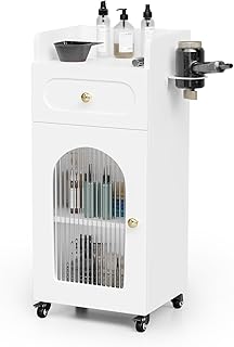 OmySalon Salon Cart with Wheels, 3-Tier Rolling Beauty Cart with Glass Door & Dryer Holder, Mobile Hair Styling Station for Barber, Spa, Esthetician, Nail & Tattoo Artists, Lockable Storage, White