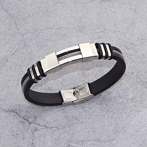 Suyi Men's Adjustable Bracelet Silicone Wrap Bracelet Stainless Steel Cuff Bracelet Silver #TOP7