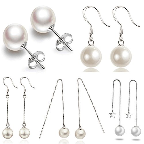 YAMULA 5 Pairs Button Pearl Stud Earrings, Drop Earrings, Hook Earrings, 5 Different Charming White Pearl Earrings