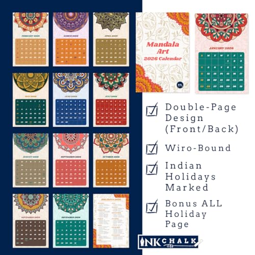 Image of 12 inchx9 inch Mandala Wall Calendar 2026 | Traditional Indian Art | Bold Dates | Wiro-Bound | Matte Laminated | Indian Holidays Marked