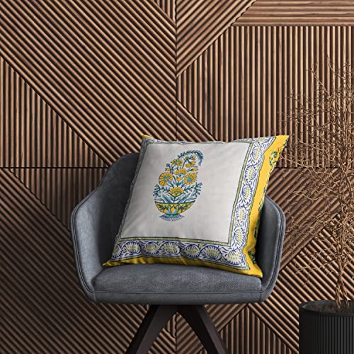 Image of BLOCKS OF INDIA Hand Block Printed Cotton Linen Cushion Cover (16 X 16 Inches) (Blue Yellow Motifs), 250 TC