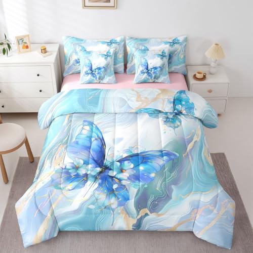 Image of Floral Marble Butterfly 7 Pieces Bedding Set Full Size,Blue Tie Dye Bed in a Bag,Elegant Marble Texture Bed Set Includes Comforter,Sheet Set,Pillowcases & Pillow Covers,Modern Aesthetic Bedroom Decor