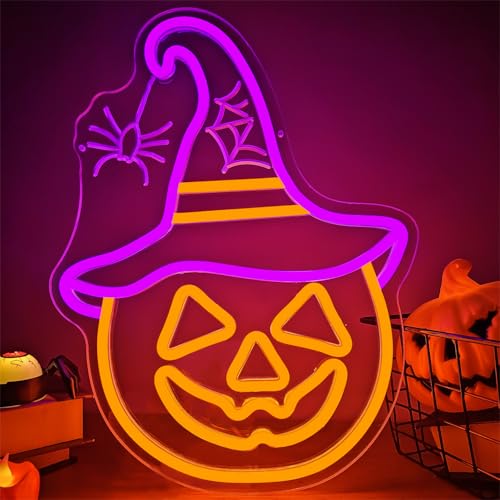 Image of Halloween Neon Sign Pumpkin Neon Sign for Wall Decor Witch Hat Halloween Pumpkin Neon Light Halloween Decorations Spider Led Neon Light Up Sign for Halloween Party Window Porch