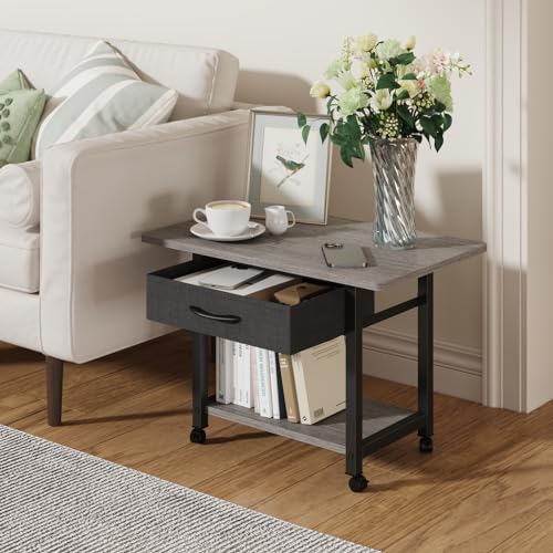 Image of YAOHUOO 22 inchx15 inch Large Printer Stand with Drawer, 2-Tier Rolling Table Cart | Under Desk Printer Table,Storage Fabric Drawer,Fit printer /fax /3d /scanner,4 Lock Wheels or Feet,For Home Office Dorms,Gray