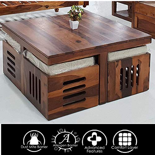 Image of Mamta Decoration Sheesham Wood Coffee Table for Living Room with 4 Stools | Center Table (Off White Cushion)