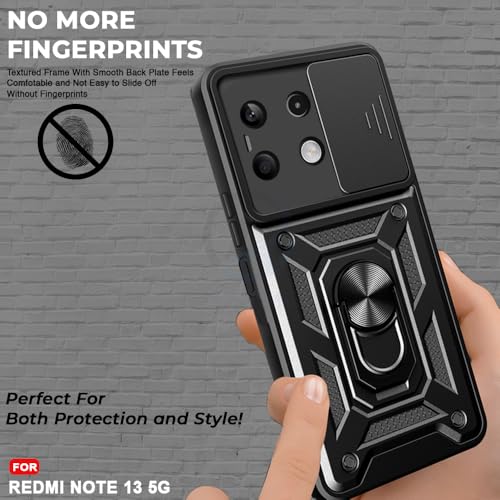 Image of AESTMO Tough Armor Redmi Note 13 5G Bumper Back Case Cover | Ring Holder & Sliding Camera Shield Cover | 360 Degree Protection Back Case Cover for Redmi Note 13 5G (Black)