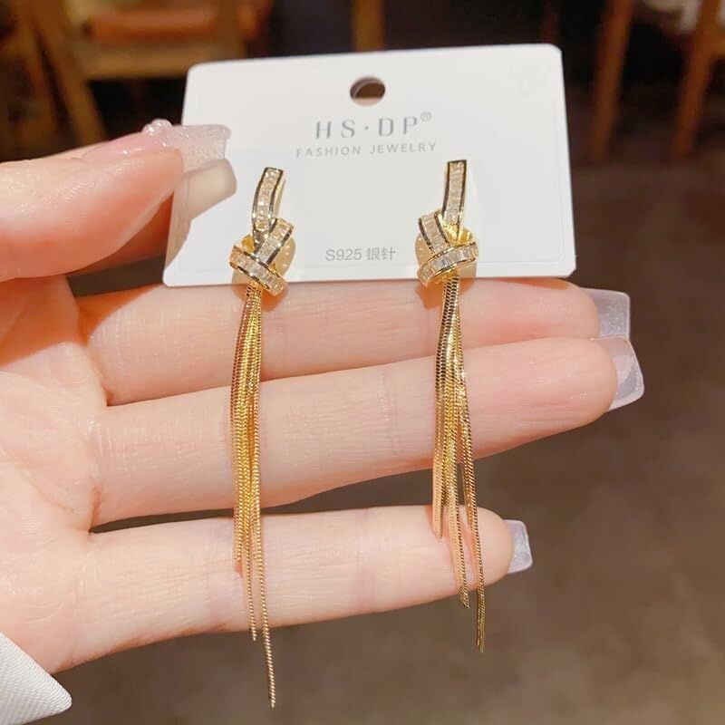 Elegant Crystal Tassel Drop Earrings, Long Dangle Design, Available in Gold and Silver (Silver)
