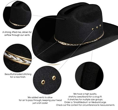 Enimay Western Cowboy & Cowgirl Hat Pinch Front Wide Brim Style (Small | Medium, Faux Felt Black) #TOP2