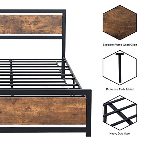 Amerlife Queen Size Bed Frame with Wood Headboard Metal Platform Bed