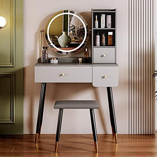 Vanity Desk,Make Vanity Set with Touch Screen Dimming Mirror, 3 Color Lighting Modes, Dressing Table with 3 Sliding Drawers, Modern Bedroom Makeup Table and Cushioned Stool Set for Women Girls