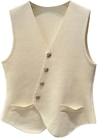 ZukoCert Womens V Neck Waistcoats Sleeveless Button Down Solid