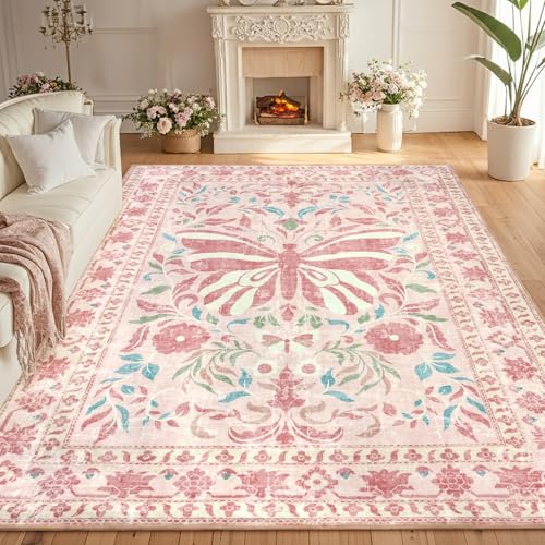 TUKDAK Butterfly Pink Rugs Living Room 200x290cm, Non-Slip Washable Area Rugs for Bedroom, Soft Low Pile Carpet for Living Room, Floor Carpet for Office Dining Room Kitchen Nursery Bedside