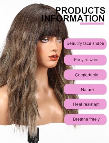 WOKESTAR Long Wig with Fringe Synthetic Wavy Wigs for Women Mixed Brown Color - Image 4