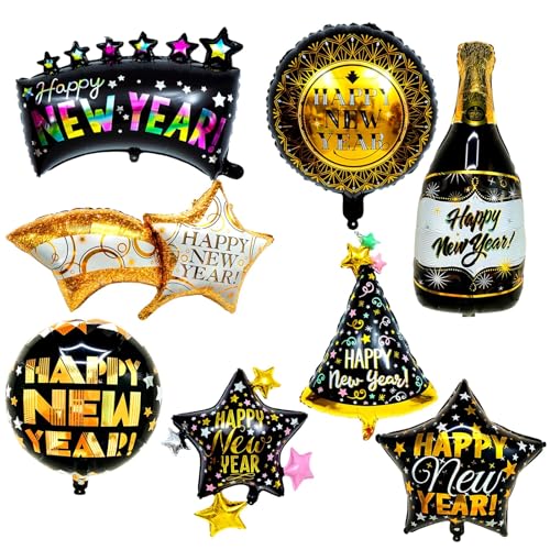 New Years Eve Decorations 2026, Happy New Year Decorations Set, 8-Piece Aluminum Foil Balloons for Party, Includes Stars, Banner, Hats, Themed Designs for New Year's Eve Celebration
