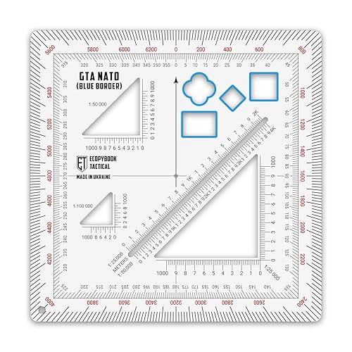 Ecopybook Flexible GTA NATO Army Protractor, Square Map Military Protractor for Land Navigation, 125x125mm, Matte Anti-Glare Army Coordinate Scale
