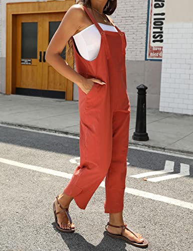 Omoone Women Sleeveless Cotton Straps Baggy Jumpsuit Overalls Casual Summer Bib Rompers Pockets (3124-BrickRed-M) - Thumbnail 7