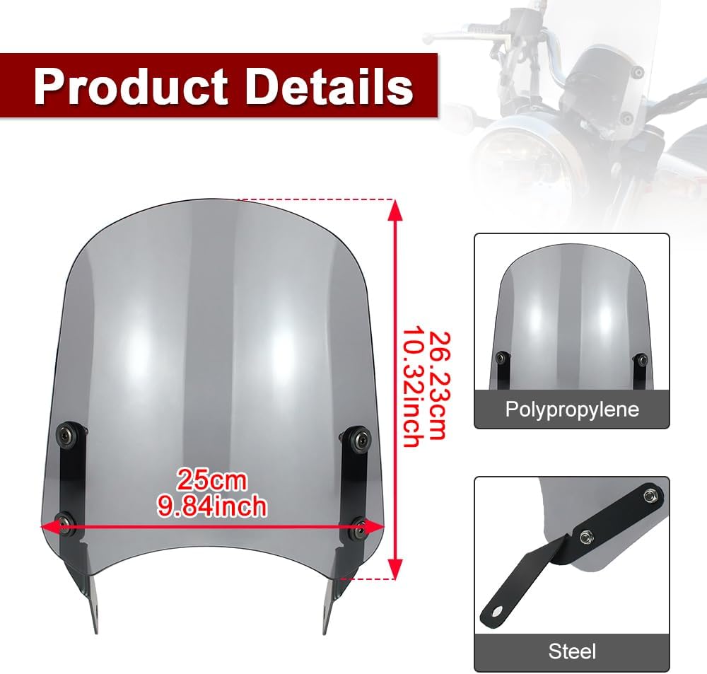 Xitomer Motorcycle Windshield Windscreen Compatible with Moto Guzzi V9 Bobber / Roamer 2016 2017 2018 2019 2020 Windshield with Bracket, Wind Deflector (Gray)