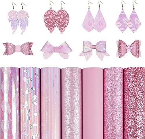 8 Pieces/Set 8x12 Inch (21cmx30cm) Faux Leather Sheets Mixed Champagne Gold Series Fine Chunky Glitter Patent Metallic Litchi Flamingo Pattern Leather Fabric for Bows Earrings Making Craft