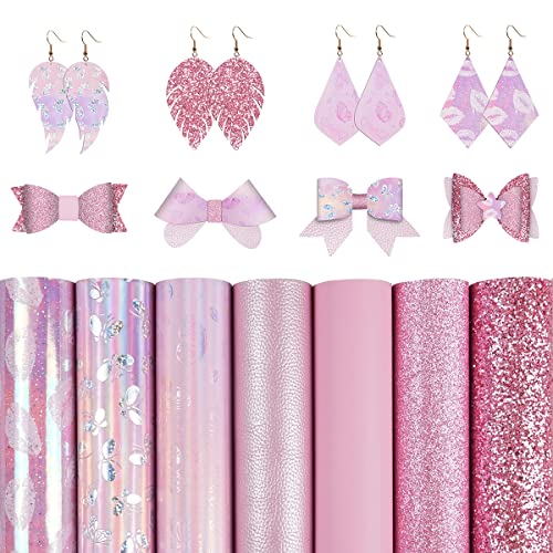 7 Stück 20,3 x 30,5 cm Kunstleder-Blätter, rosa, feiner dicker Glitzer, holografischer Schmetterling, Litchi-Lippendruck, Kunstleder-Stoff für Lederschleifen, Ohrringe Cover