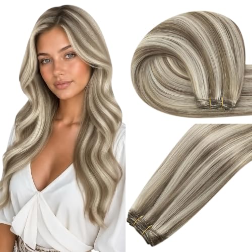 Image of Easyouth 20 Inch Weft Hair Extensions, Brown Sew in Hair Extensions Real Human Hair, 100G, Light Brown with Blonde Highlight Human Hair Sew in Extension, for Women