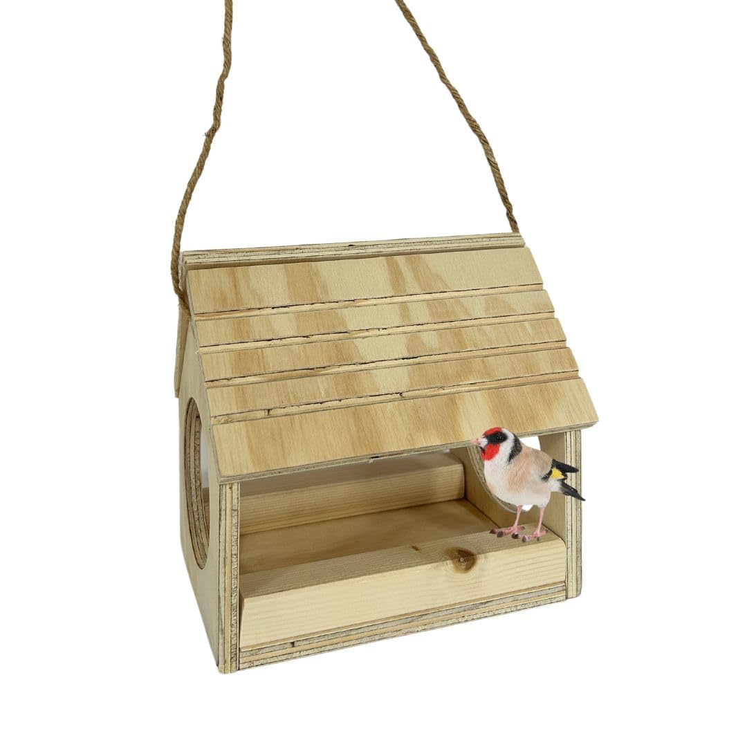 Comedero para pájaros de madera natural con pienso, caseta nido para pájaros colgando en el jardín balcón decoración jardín impermeable