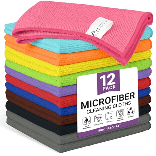 Image of 12 Pack Microfiber Cleaning Cloth, 11 Assorted Colors Cleaning Rags for Housekeeping, Colorful Reusable Microfiber Towels for Car, Kitchen, Bathroom and Household Cleaning Supplies, 11.8 inchX11.8 inch