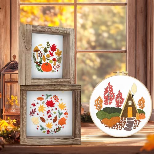 Image of 5 Sets Fall Embroidery Kit for Beginners Adults Embroidery Starter Kit Mushroom Maple Leaf Autumn Cross Stitch Kits Embroiderys Needlepoint Kits Include Instruction 2 Hoops Color Threads Needles