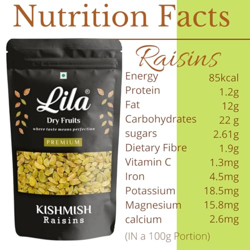 Image of LILA DRY FRUITS Golden Raisin 250 gms | Premium Seedless Green Kishmish | Nutritious Dried Grapes Rich in Iron & Vitamin B | Ideal for Snacking, Baking, Cooking | Perfect for Gifting