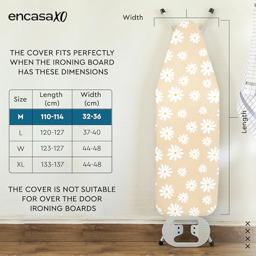 Image of Encasa XO Homes Ironing Board Cover With 3Mm Thick Felt Pad For Steam Press(Fits Standard Medium Boards Of 112X34 Cm)Heat Reflective,Scorch&Stain Resistant,Printed-Daisy Beige