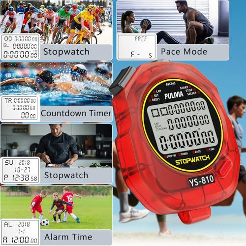 Image of Stopwatch Timer 10 Splits /Laps Digital Stop Watch for Sports, Countdown Alarm Clock Date Memory Recall Large Display, Stopwatch for Coaches PE-Teacher Referee (red, 10 Splits /laps)