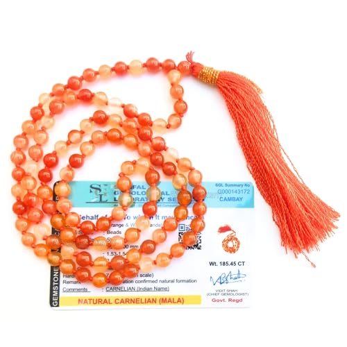 Image of Apnisanskriti Premium Carnelian Stone Mala for Men and Women (6mm, AAA Quality, Lab Certified, 108+1) - Natural Stone Beads Mala - Orange & White Bands Colour - Pack of 1